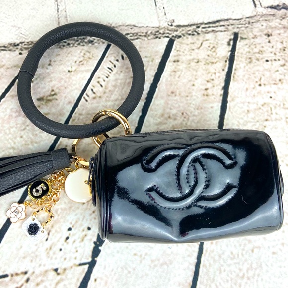 CHANEL Accessories - CHANEL card coin pouch wristlet keychain black patent leather with charms